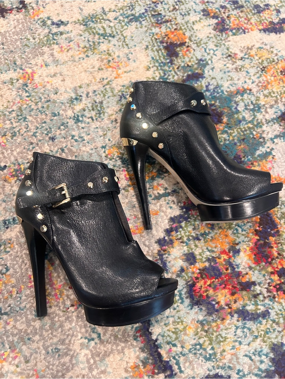 Michael Kors Black Studded Peep-Toe High Heel Booties